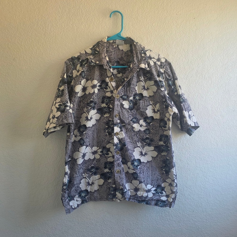 Ocean Pacific Op Sport Mens Grey Blue Hibiscus Floral Cotton Aloha Shirt Small